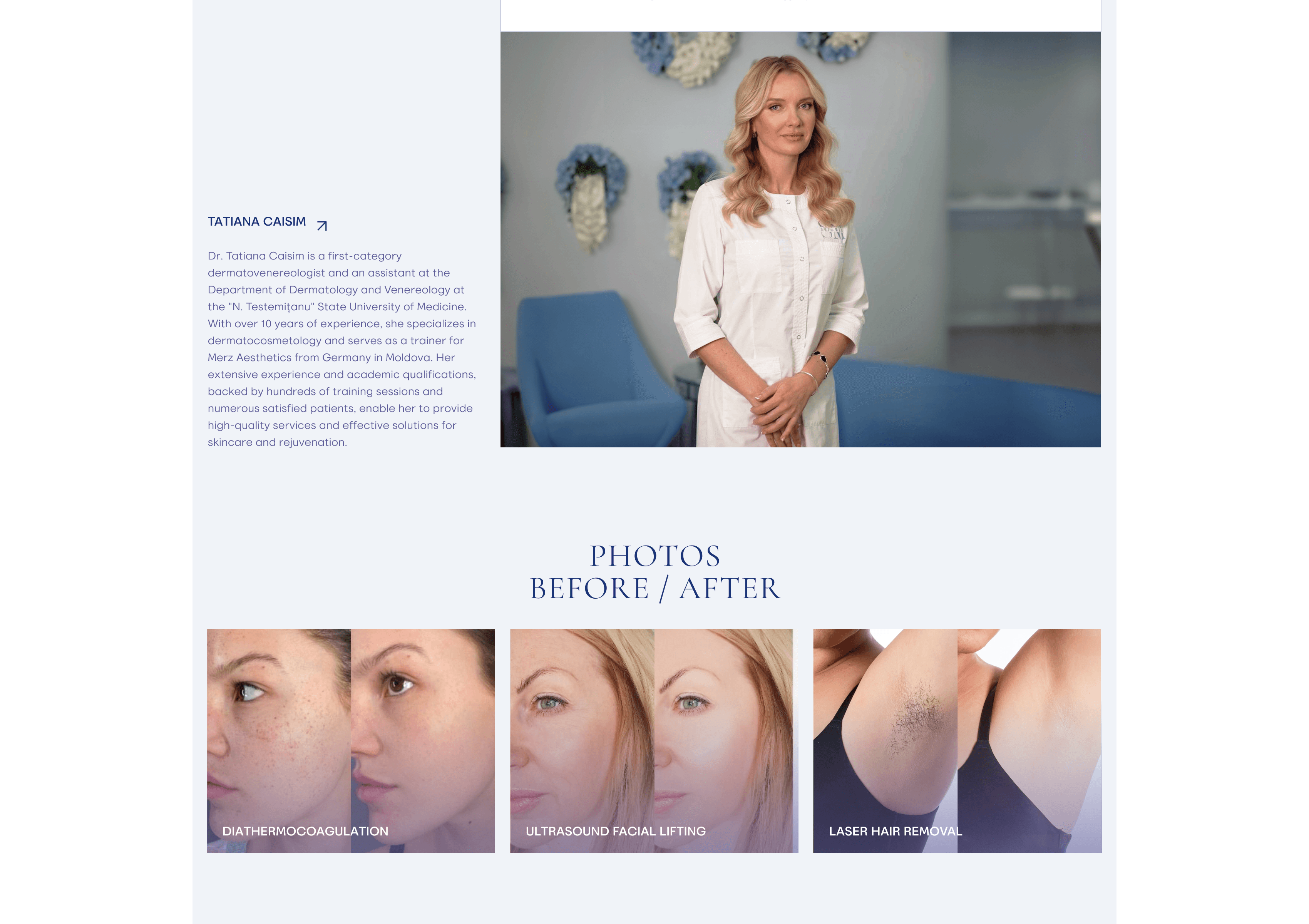 Portrait of Dr. Tatiana Caisim, dermatocosmetologist, and gallery showing before and after photos of facial and laser procedures.