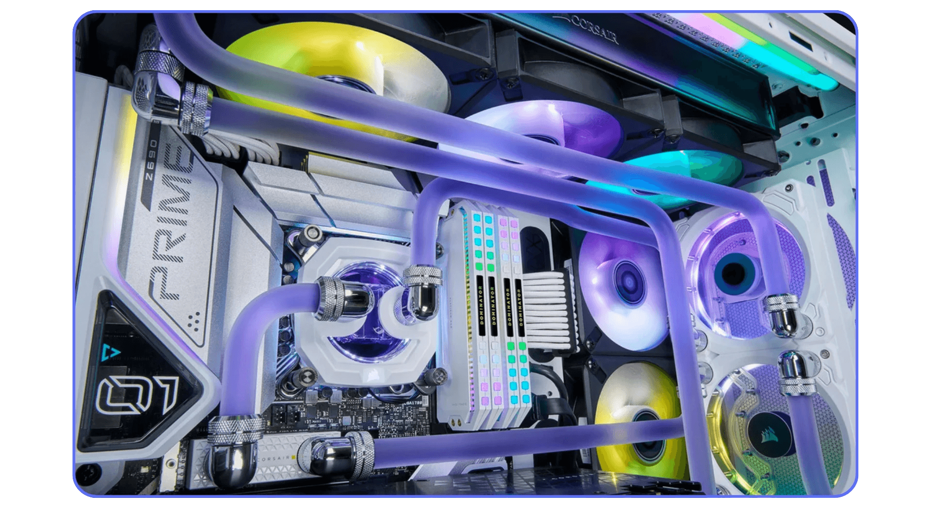 Custom desktop workstation with water-cooled GPU and RGB lighting optimized for Adobe Premiere Pro performance.