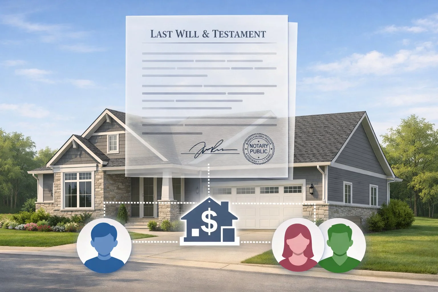Illustration of a house with a transparent legal document overlay, connected to small heir icons, symbolizing clear estate planning and smooth transfer.
