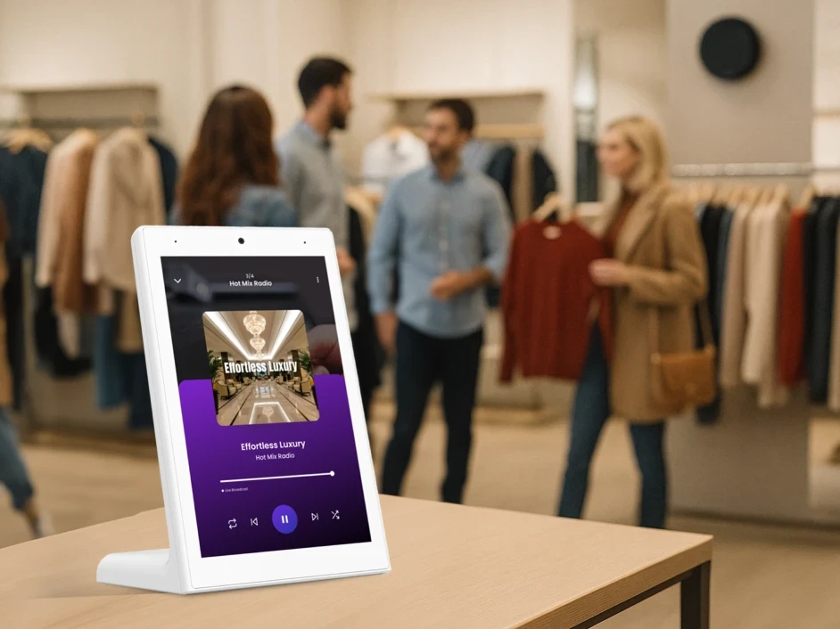 A laptop displays a website in a store, where four people engage in conversation nearby.