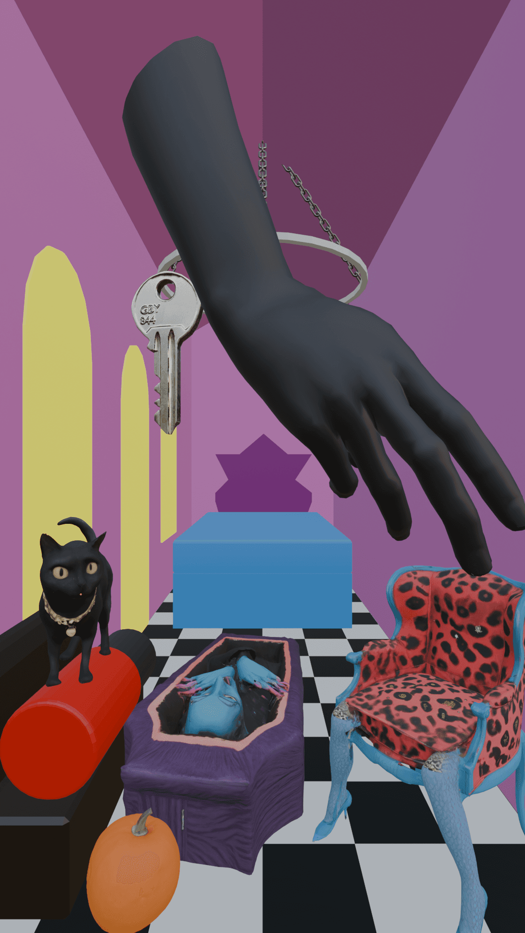 A colorful 3D scene shows a black 3D hand reaching toward a coffin and a black cat in a quirky room