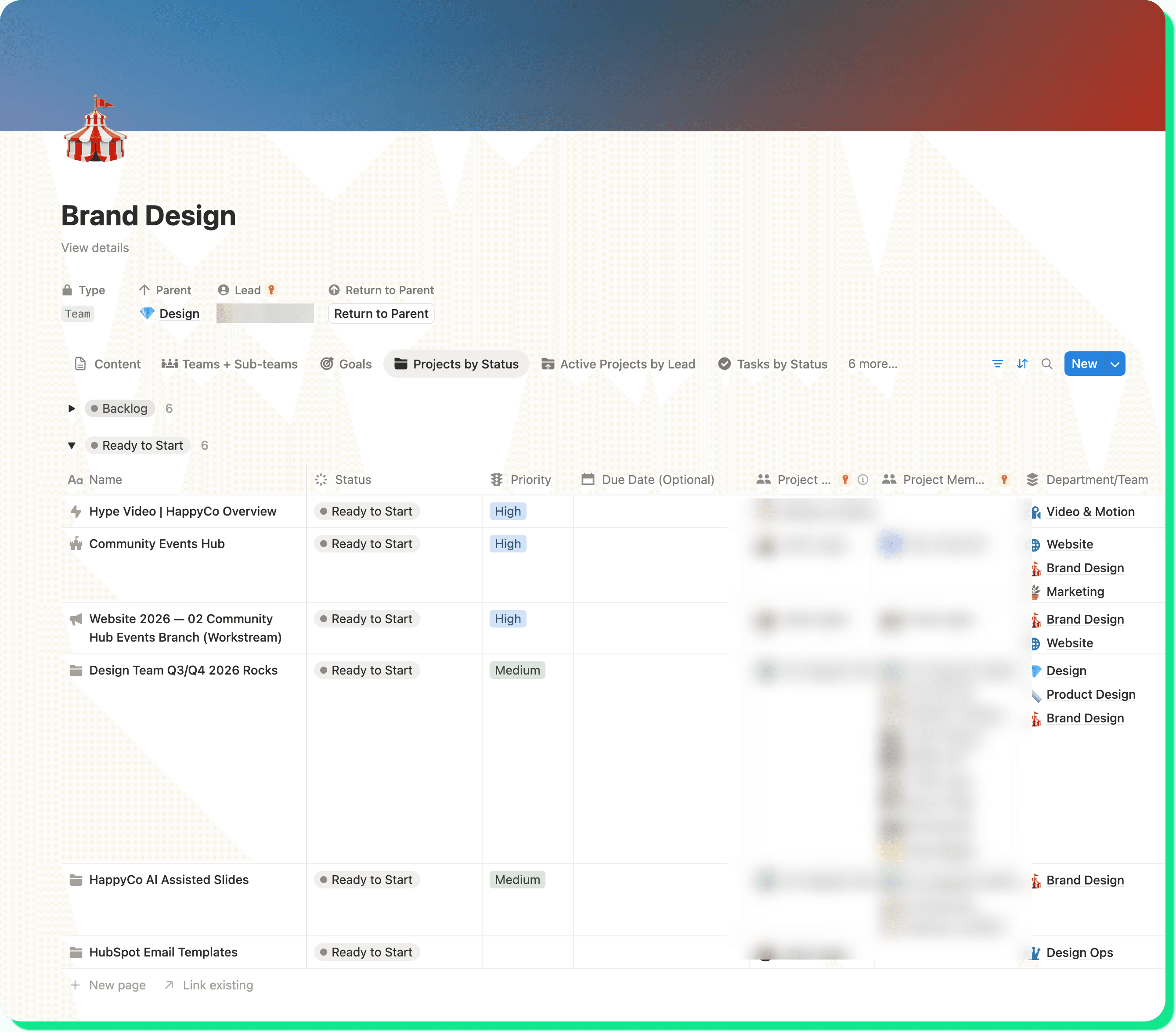 HappyCo's Brand Design dashboard inside their Notion workspace built by Optemization