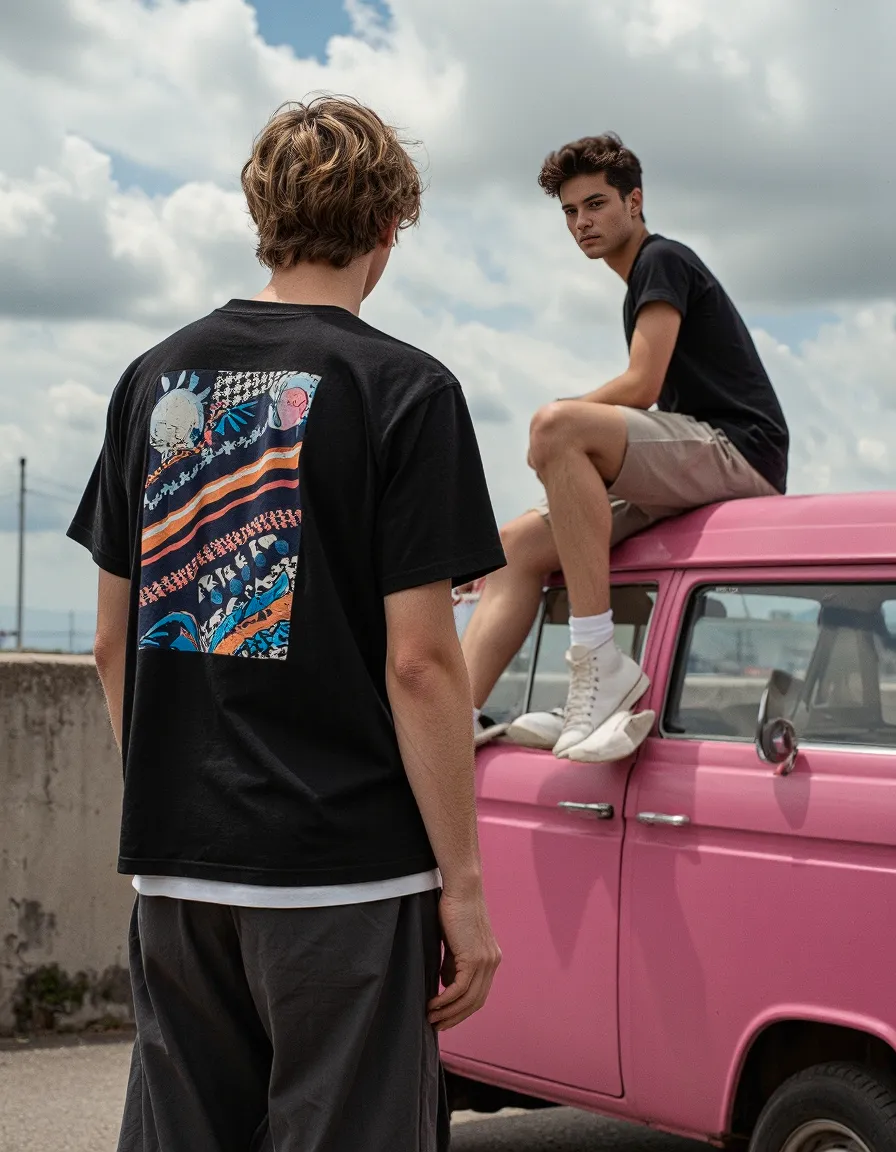 Two people in black graphic tees by a pink vintage vehicle under cloudy sky, one sitting atop the car wearing white high-top sneakers