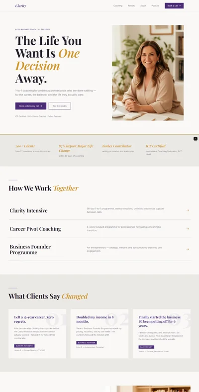 Life coach website prompt — warm plum and gold life and business coach website design preview