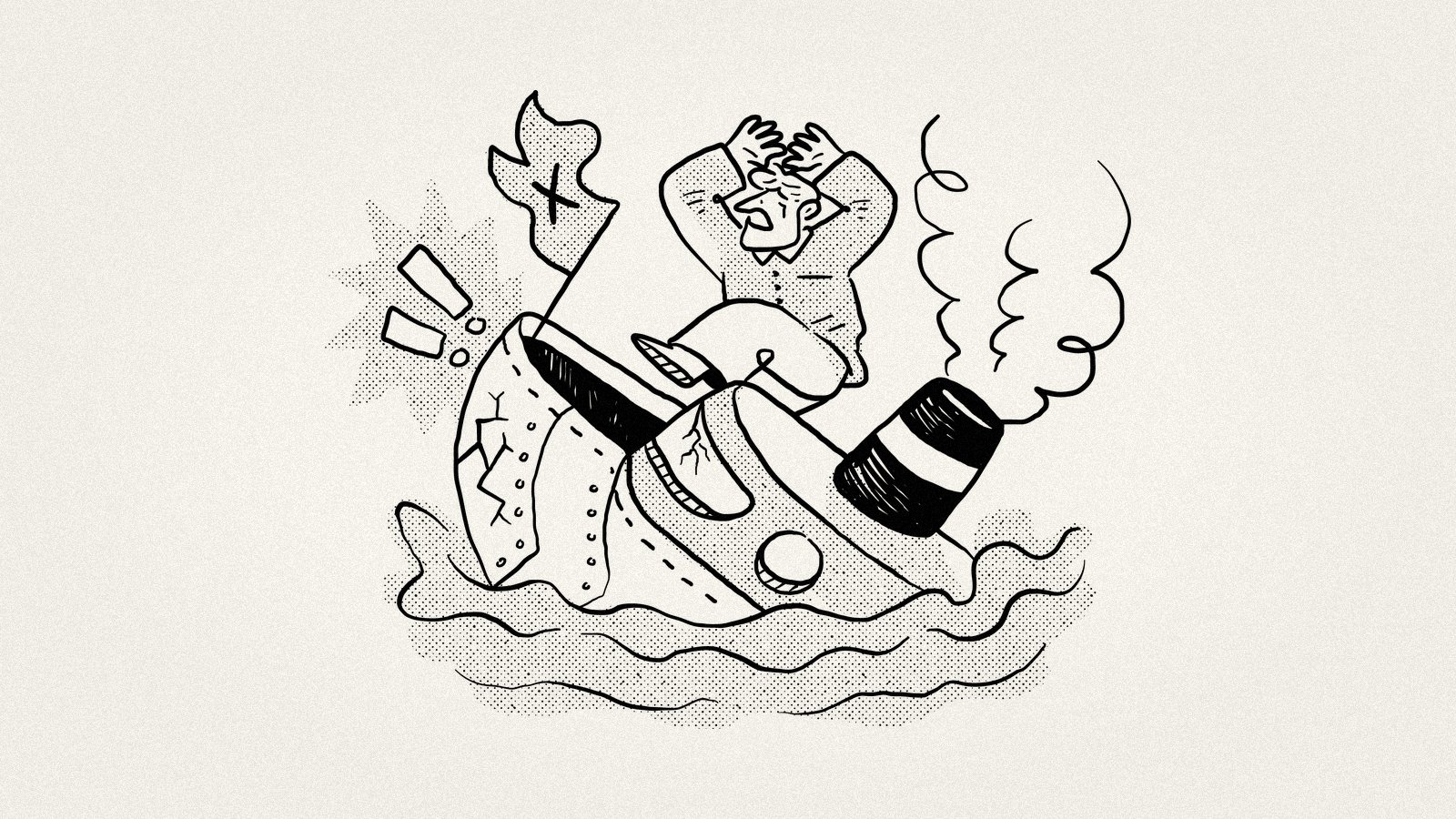 Illustration of a person on a sinking ship waving for help — representing how same-sandbox competition causes structural margin erosion even when the product itself is strong