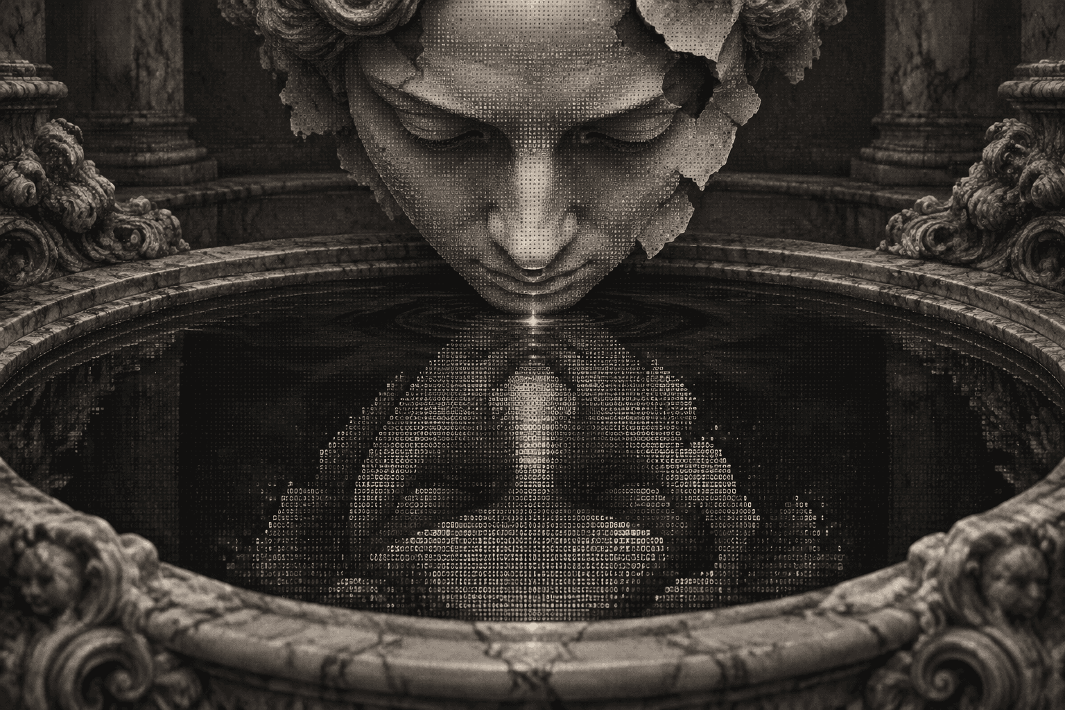 A fragmented marble face above a still pool, its reflection rebuilt from characters, a yellow glint where the two meet