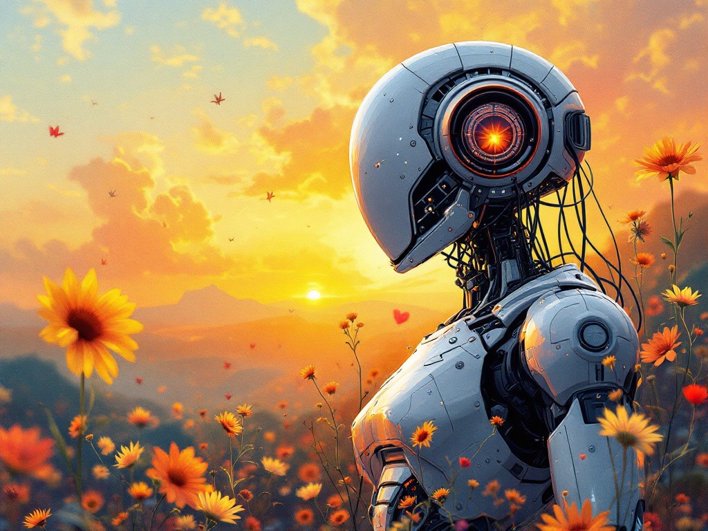 A white robot with a glowing red eye stands in a field of yellow flowers at sunset.