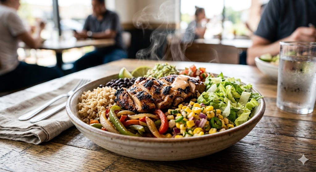 A customizable Chipotle chicken burrito bowl with grilled adobo chicken, brown rice, black beans, fajita vegetables, guacamole, salsa, and supergreens on a wooden table with a phone showing a nutrition app and a measuring tape.