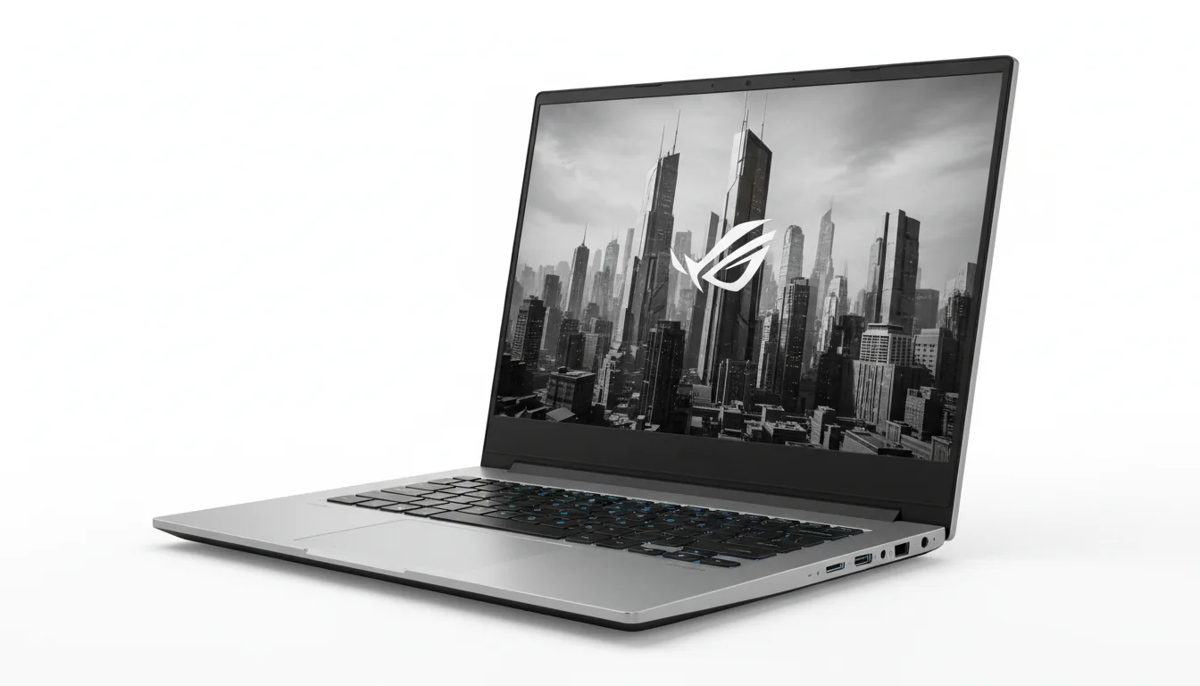DSLR product photography of a sleek silver ASUS ROG Zephyrus gaming laptop, isolated on a seamless white background. Soft studio lighting highlights the matte brushed metal texture of the chassis. The laptop is open, angled from a three-quarter perspective, with the entire device in sharp focus. The screen displays a high-contrast, black-and-white wallpaper featuring a futuristic cityscape and a stylized, abstract gaming logo.