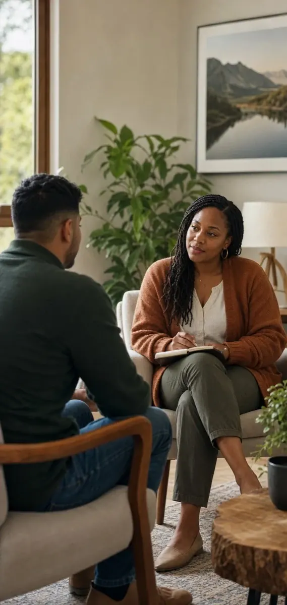 Therapist meeting with a couple in a counseling office