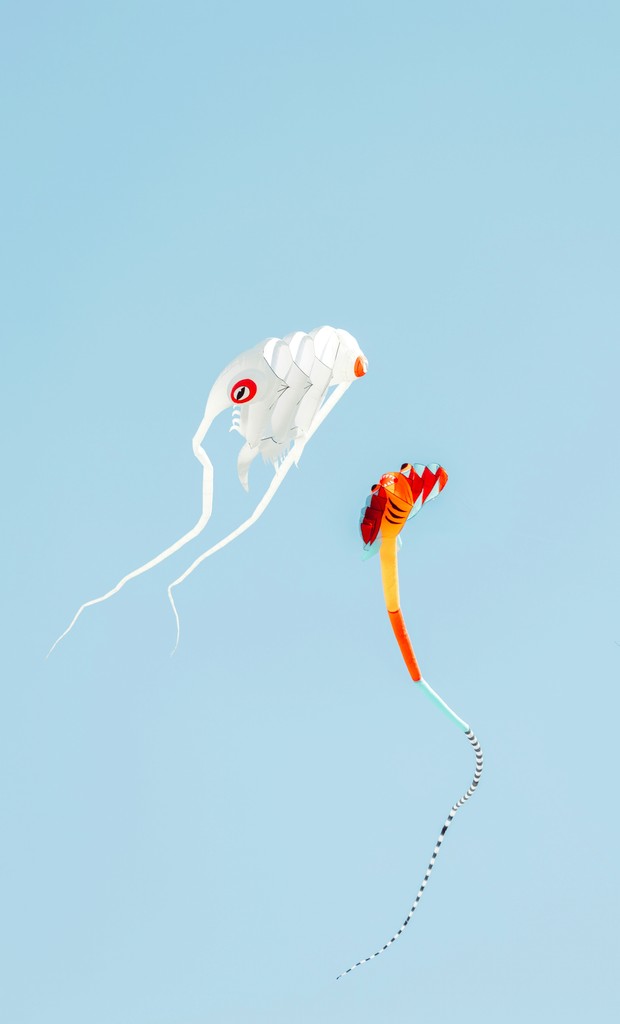 Two kites flying in a clear blue sky