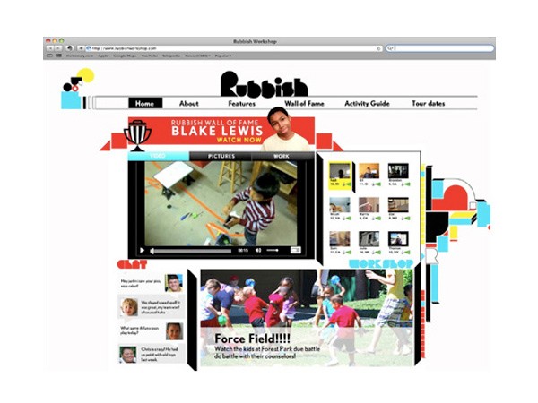 A screenshot of a website titled "Rubbish Wall of Fame" displays a video thumbnail of Blake Lewis, a man in a striped shirt and baseball cap, playing with toys on a green surface. The website features navigation links including "Home," "About," "Features," "Wall of Fame," "Activity Guide," and "Tour dates." A sidebar shows additional content including photos, videos, and text snippets. The browser’s address bar shows "http://www.rubbishworkshop.com."