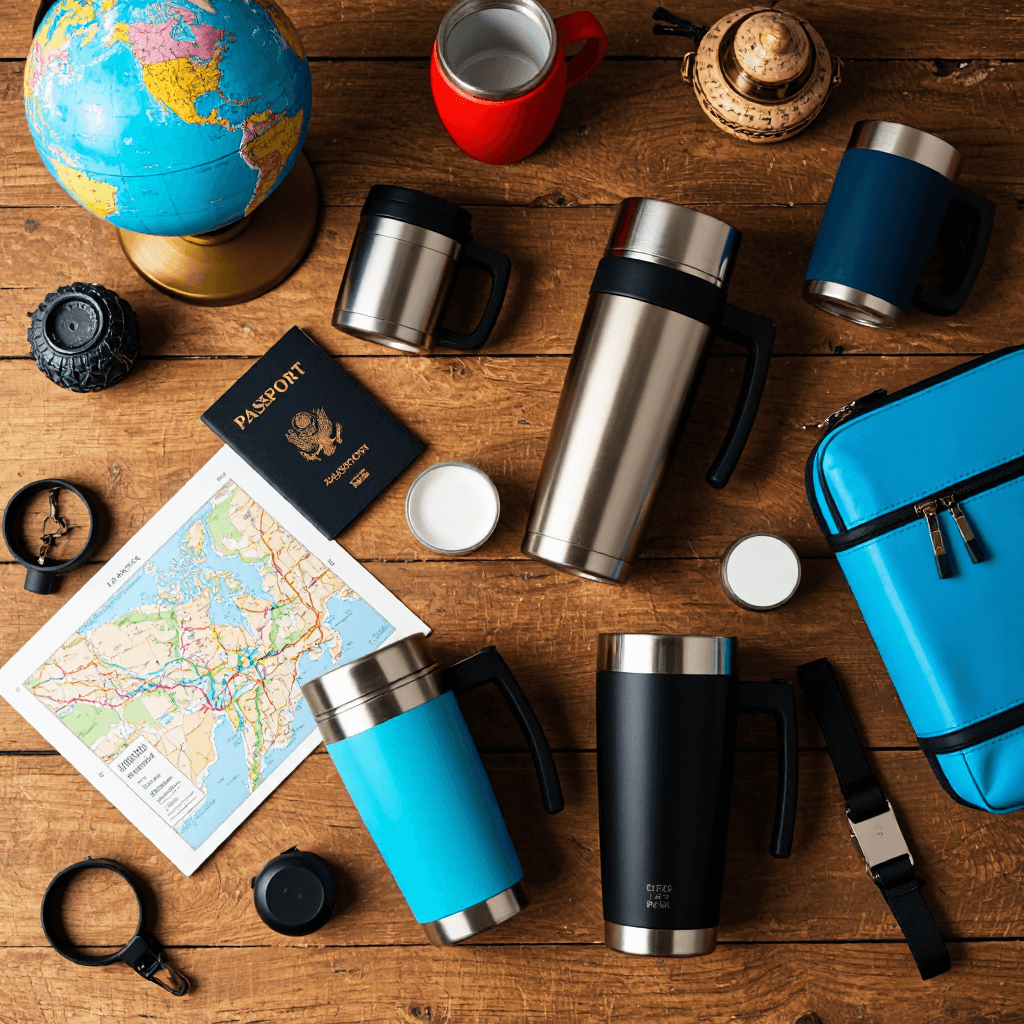 product photography of travel mugs