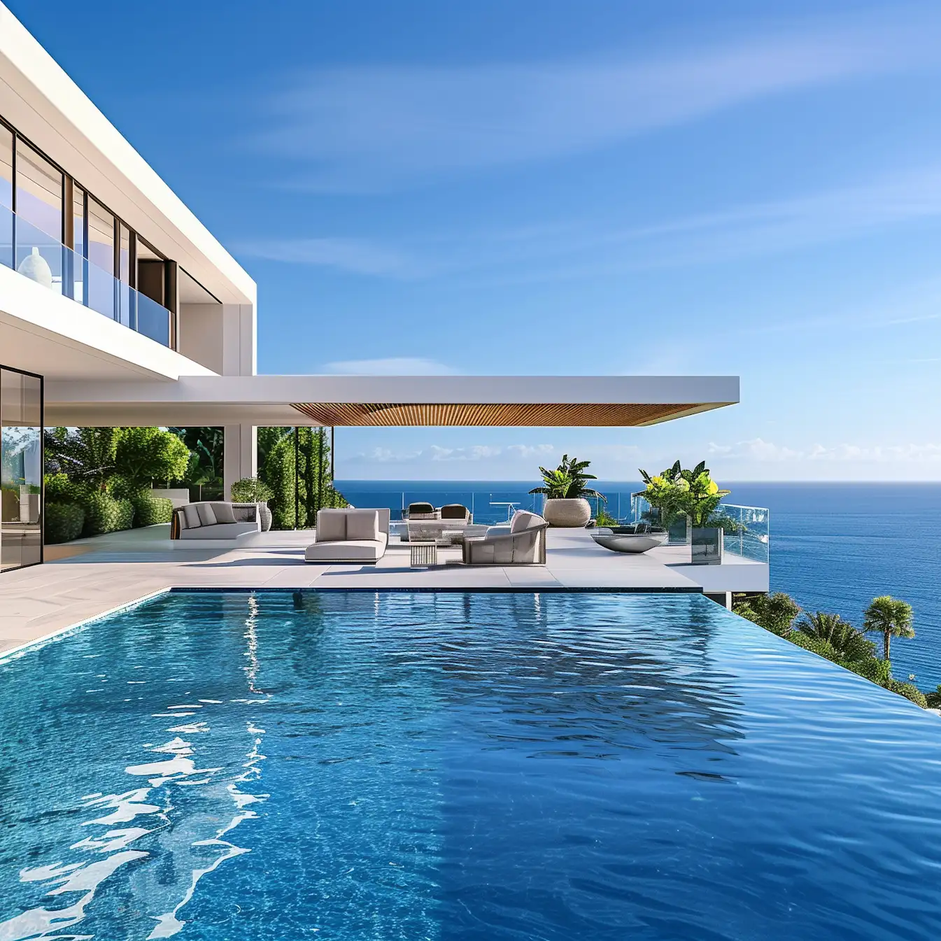 Poolside with lounge chairs and shaded seating beside a modern home