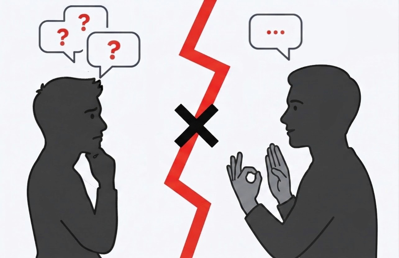 Conceptual illustration depicting a communication barrier between a person with question marks above their head and a person using sign language, separated by a jagged red line and an X.