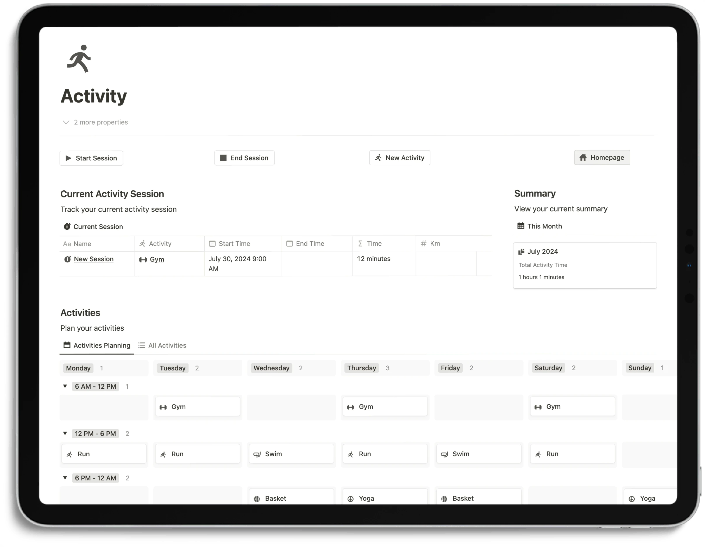 Notion Optimal Health System - Activity