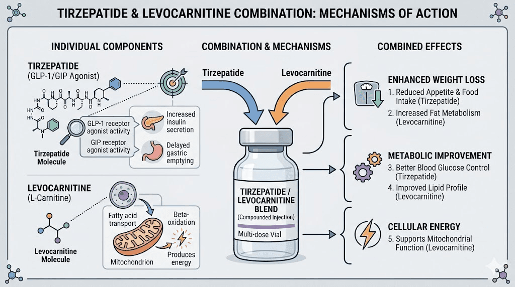 Tirzepatide levocarnitine blend compound diagram showing dual mechanism