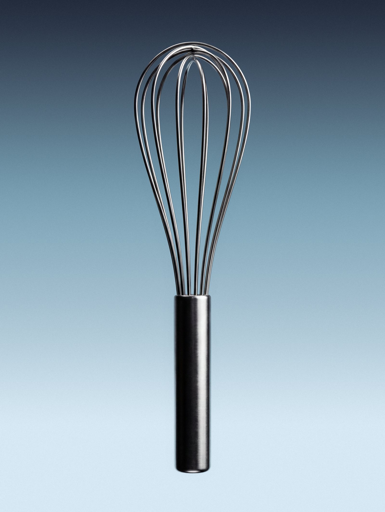 Upright steel whisk on a blue gradient
