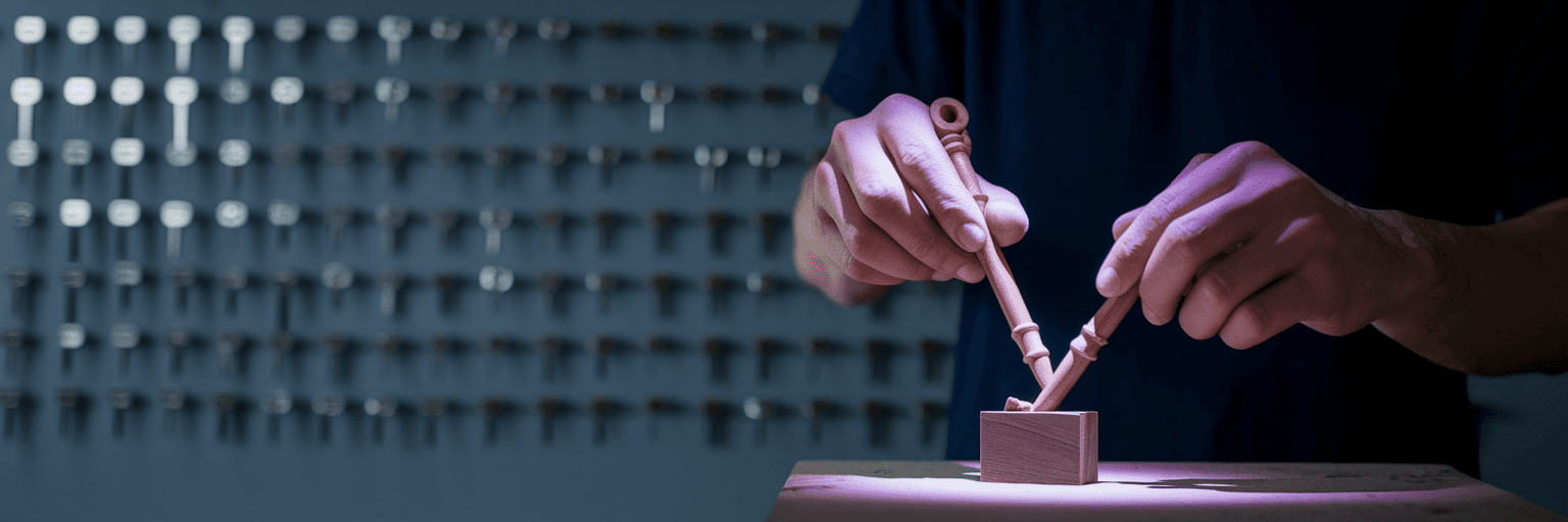 Craftsman carving a unique wooden key.