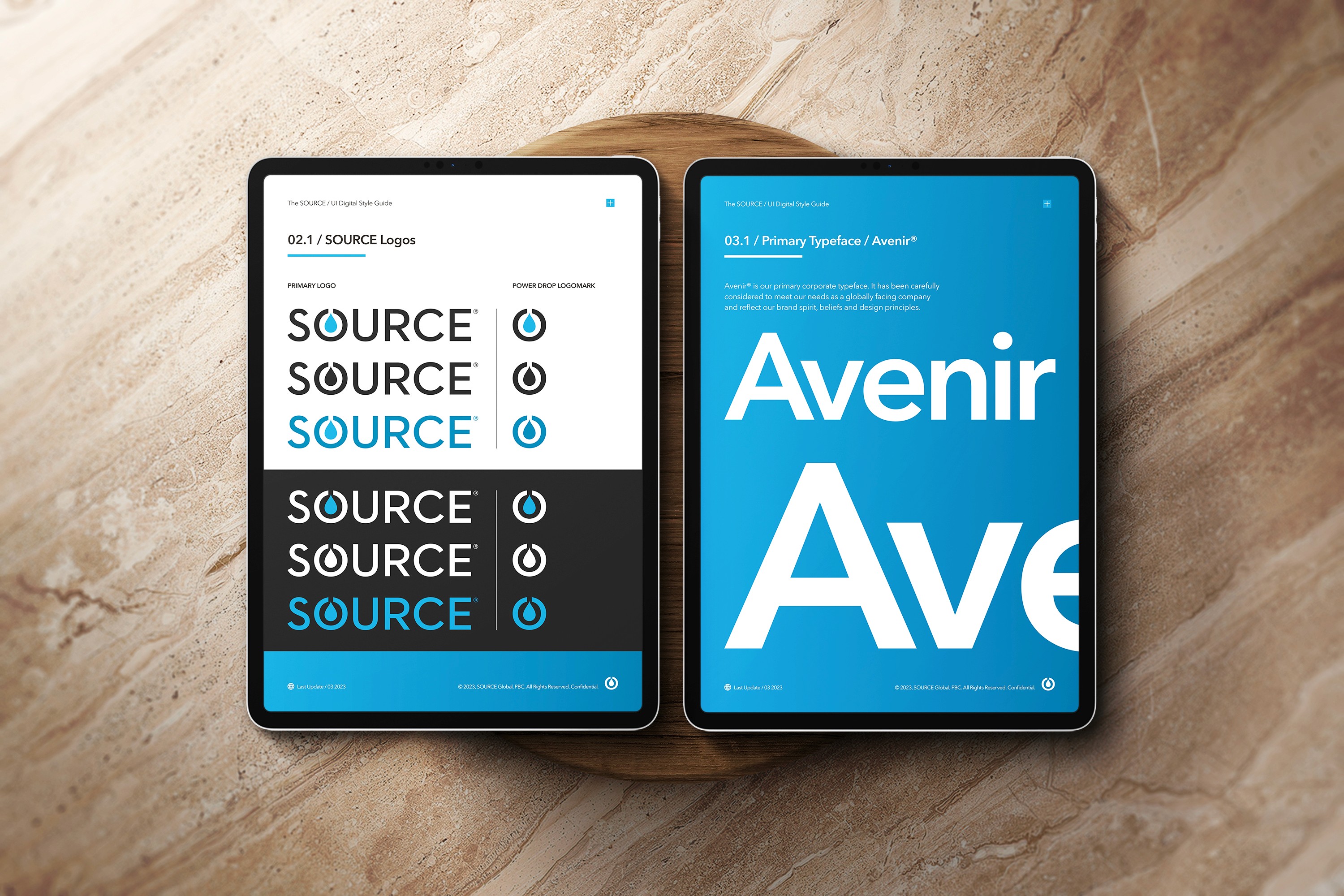 SOURCE Digital Guidelines showcasing iPad design screen on a wooden background.