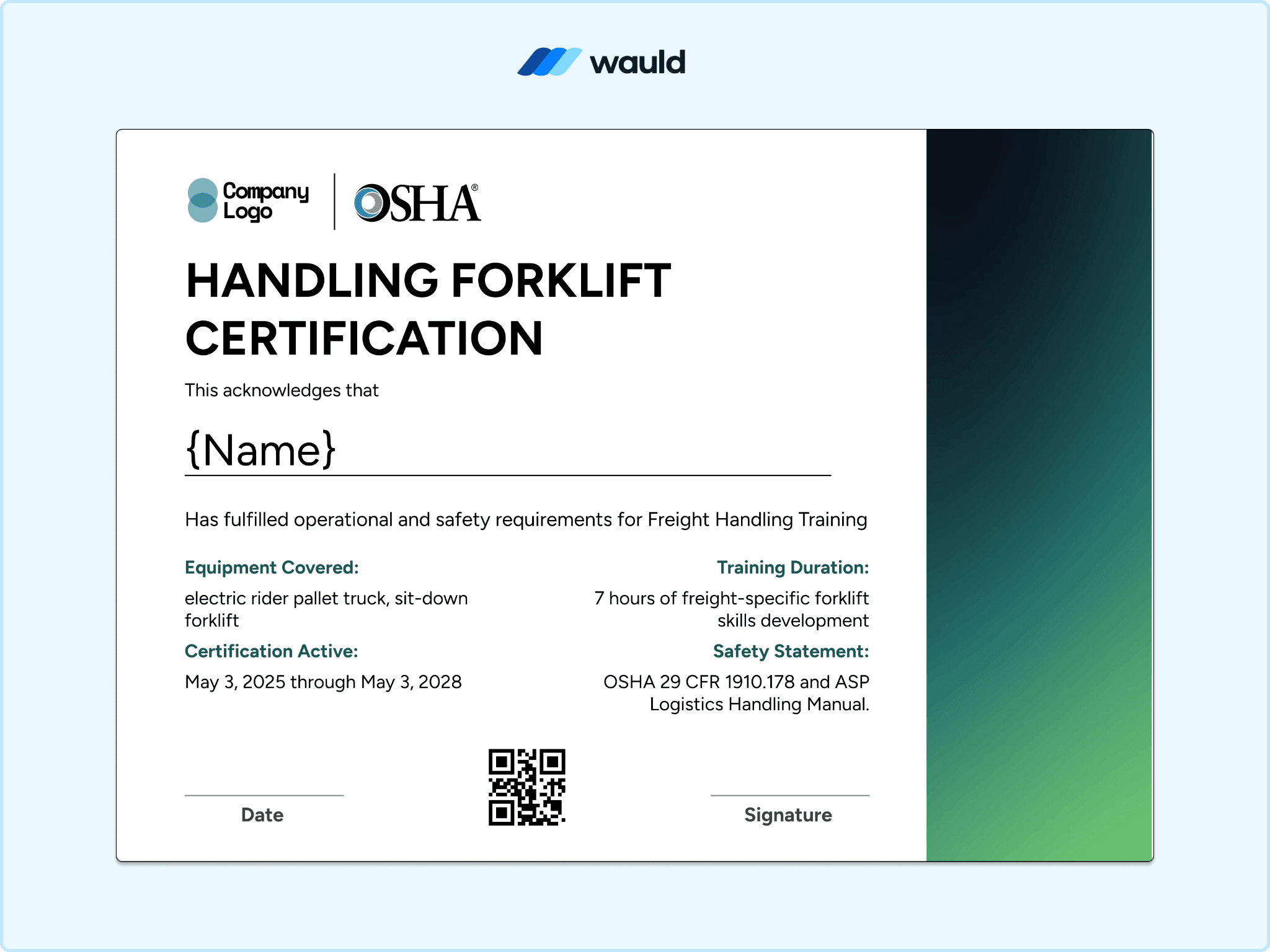 Handling forklift certification template with teal gradient background, recipient name field, equipment covered, training completion dates, certification details, QR code, and signature line