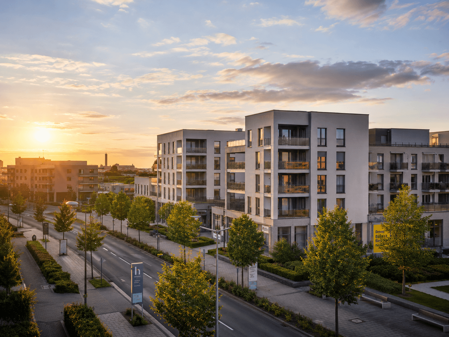 Hürth moderne Wohnbebauung bei Sonnenaufgang – RM Gebäudereinigung Tätigkeitsgebiet