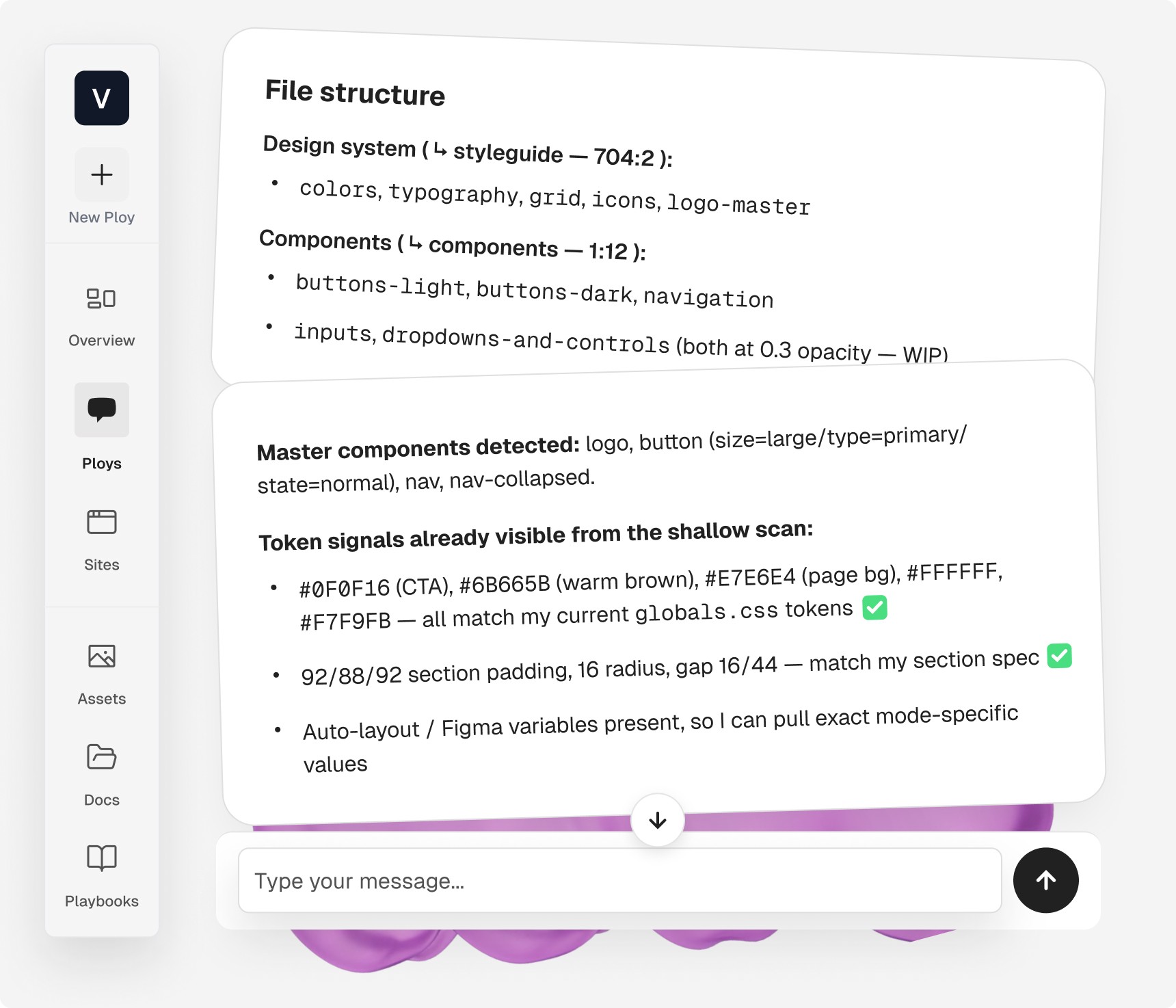 Ploy chat reading the Sensiq Figma file structure, confirming design-system colors, padding, and radius match the project's globals.css tokens.
