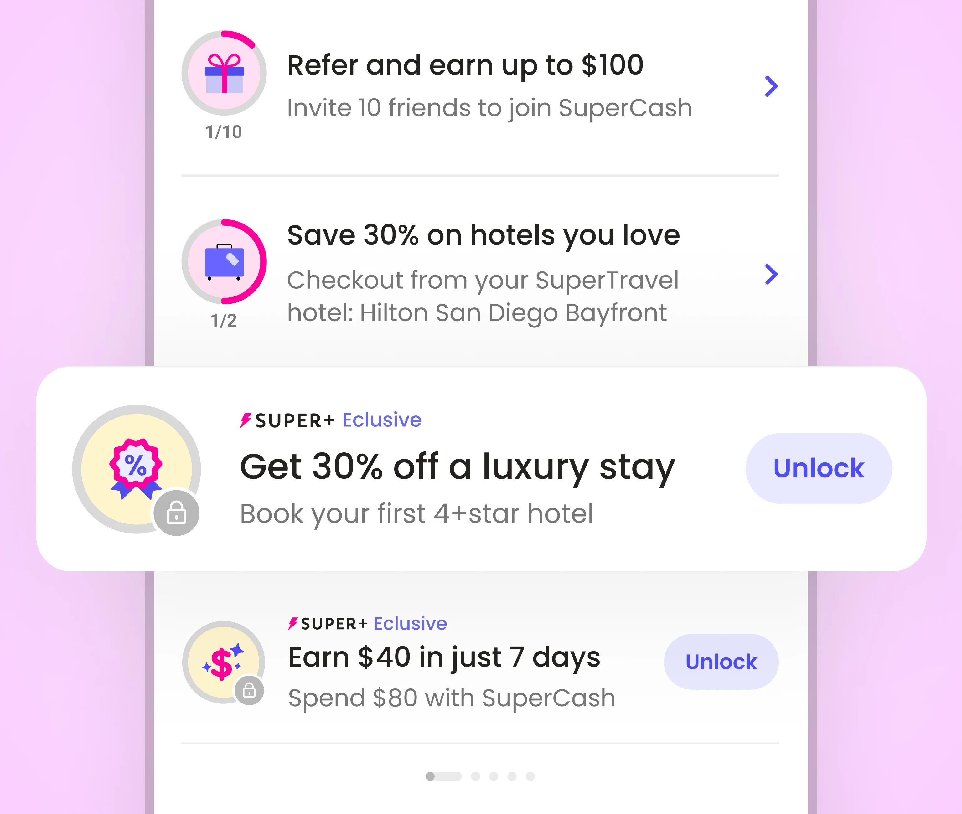 UI mockup of Super.com’s Missions showing exclusive Super+ rewards like 40% off luxury stays and $40 cashback, demonstrating how tiered missions encouraged upsells and deeper engagement.