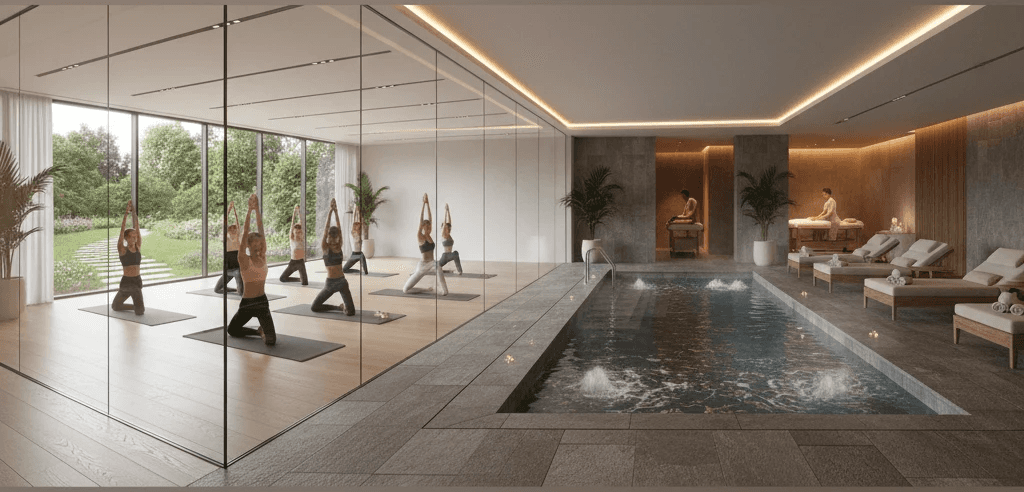 Modern gym and indoor spa with pool, focus on holistic health