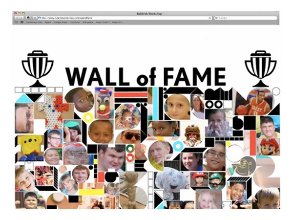 A screenshot of a webpage displays a collage of photos arranged on a white background. The title “WALL of FAME” is centered, with two trophy icons flanking the text. Below the title, a grid of photos shows various individuals in different poses and settings. The browser’s address bar indicates the website’s URL: “www.rabbith.workshop.com/welcome/”.