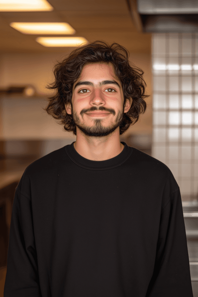 Smiling young man with curly hair in black sweatshirt indoors modern background