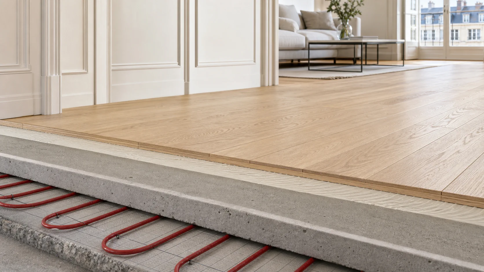 Coupe d’un parquet compatible avec un plancher chauffant