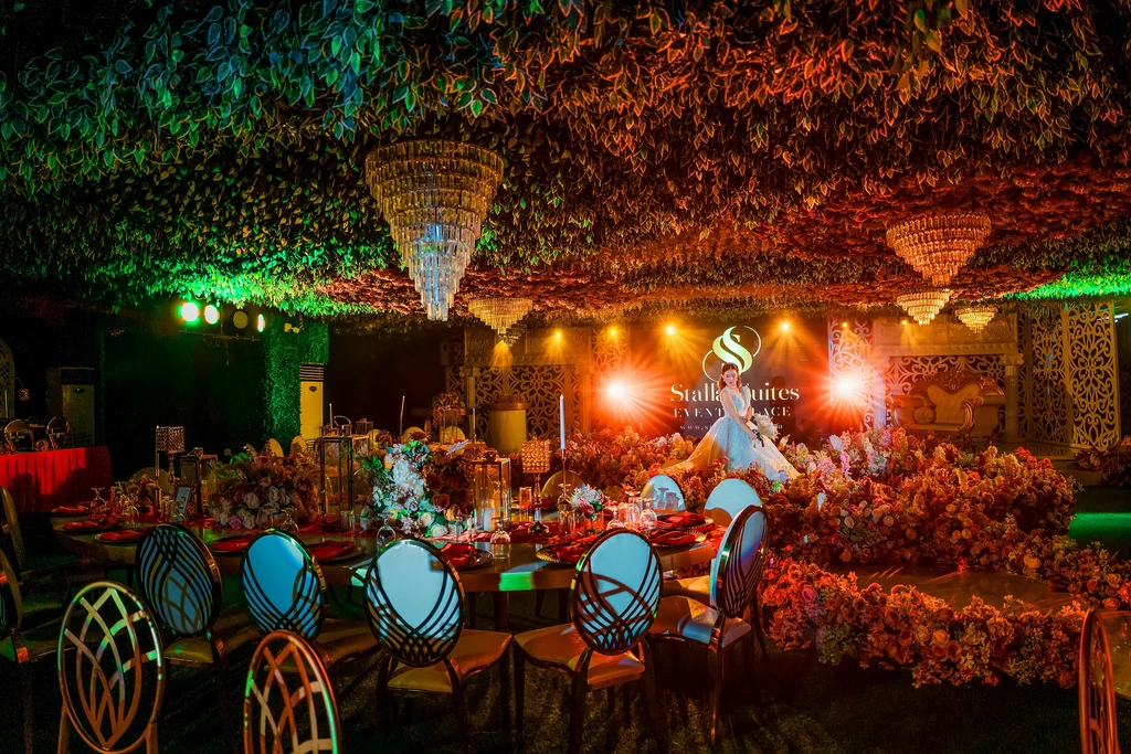 Reception under the enchanted forest canopy at Pandora Hall, Stalla Suites Events Place