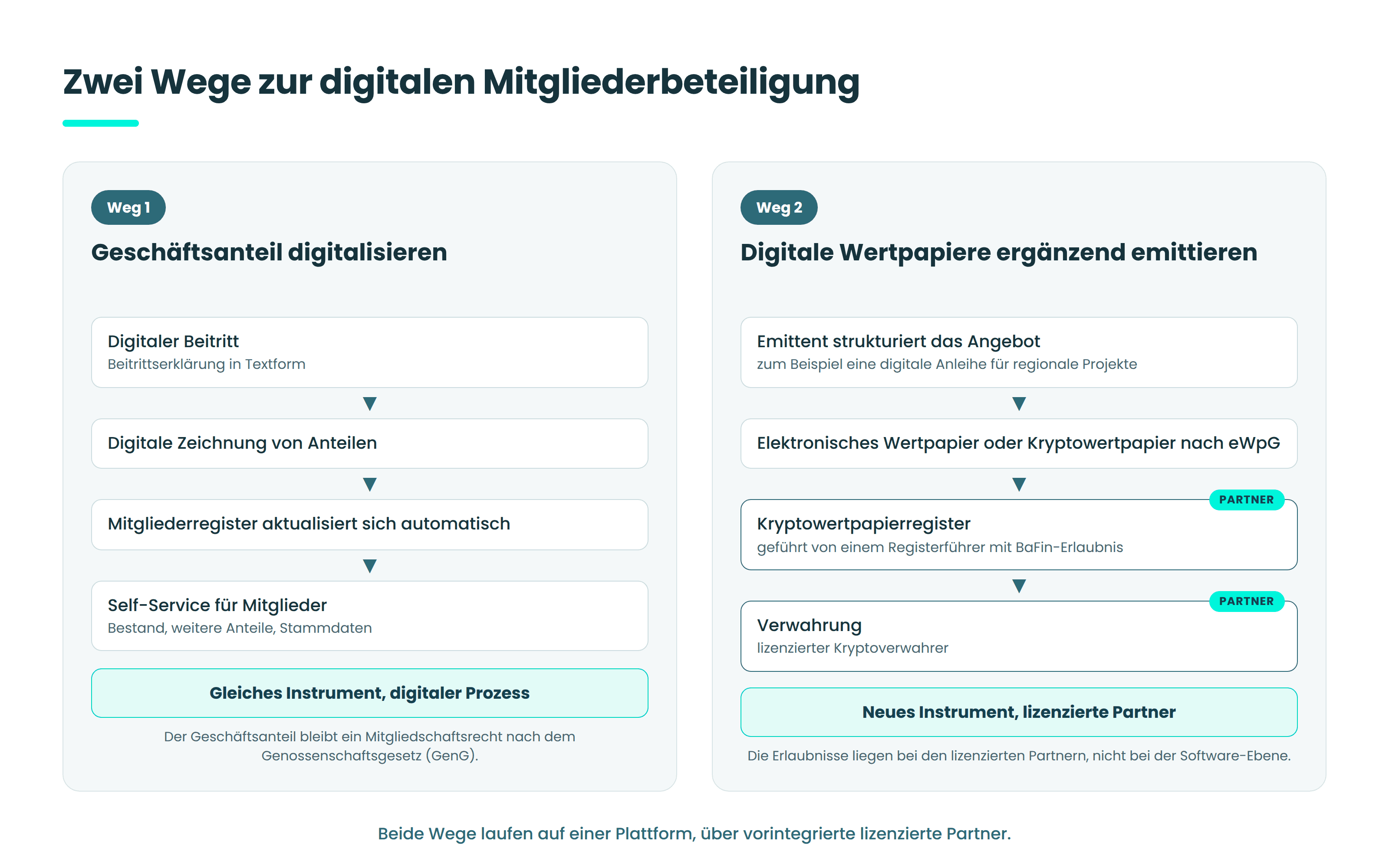 Diagramm mit zwei Wegen zur digitalen Mitgliederbeteiligung. Weg 1 digitalisiert den Geschäftsanteil: digitaler Beitritt in Textform, digitale Zeichnung, automatisch aktualisiertes Mitgliederregister und Self-Service. Gleiches Instrument, digitaler Prozess. Weg 2 emittiert ergänzend digitale Wertpapiere nach eWpG, mit Kryptowertpapierregister und Verwahrung bei lizenzierten Partnern. Beide Wege laufen auf einer Plattform.