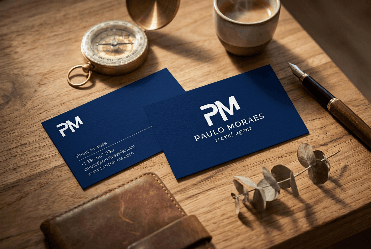 Paulo Moraes travel agent business card mockup, navy blue cards with a PM monogram on a wooden desk with a compass and fountain pen