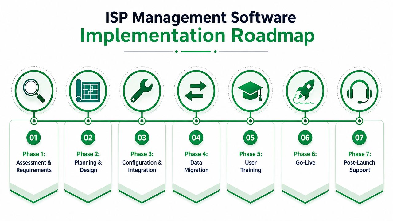 A seven-phase ISP management software implementation roadmap displayed as a professional infographic with icons and steps.