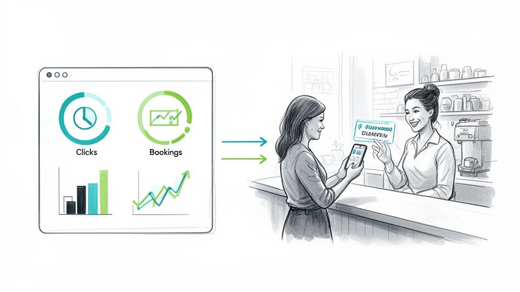 Dashboard showing online clicks and bookings connecting to a customer making a mobile payment with a cashier.