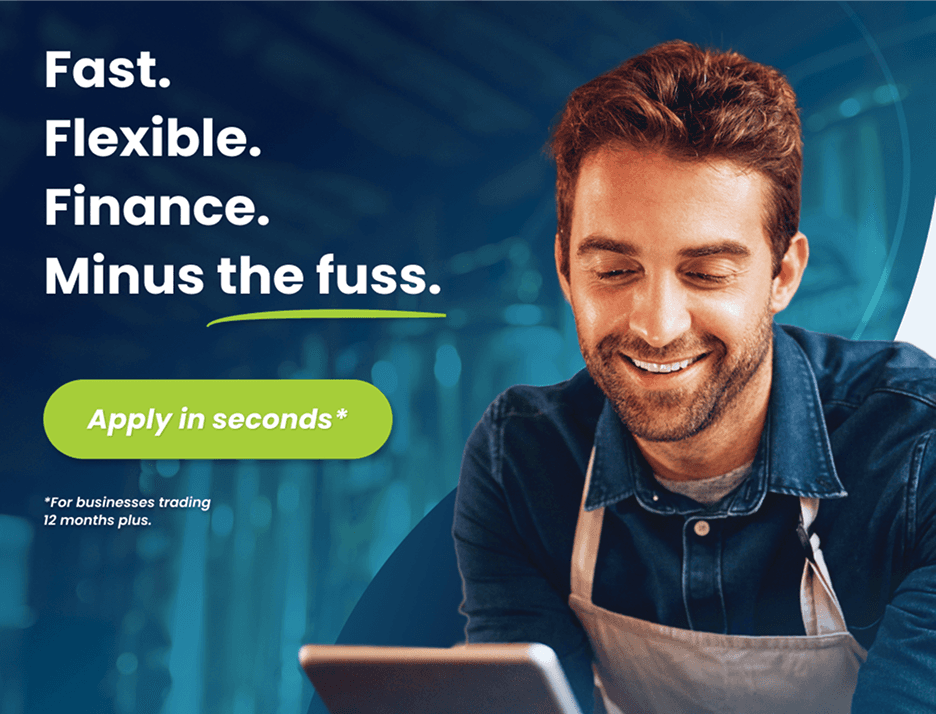A branded advert with a man in an apron looking at a tablet. The text says: "Fast. Flexible. Finest. Minus the fuss".