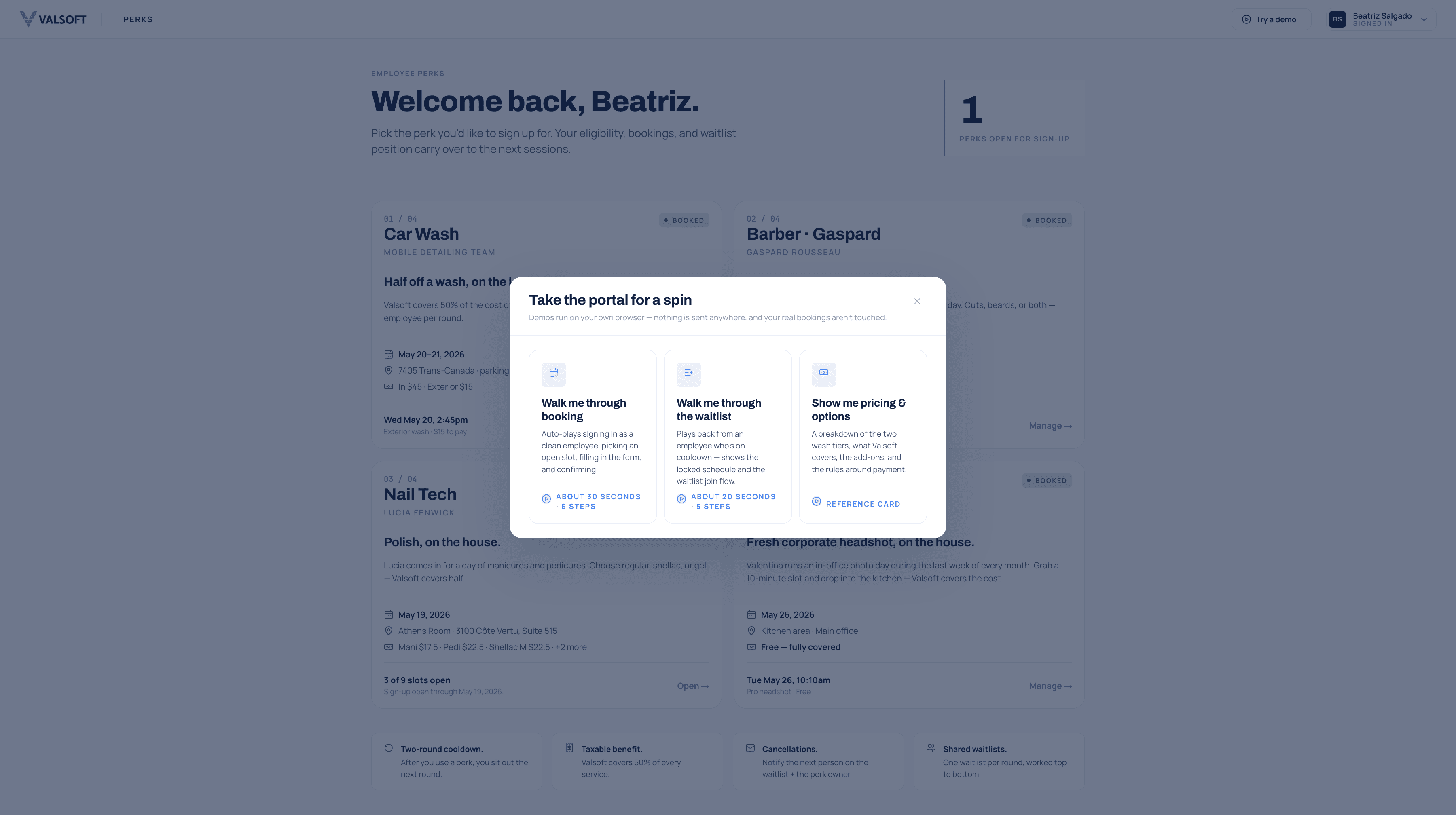 Valsoft Perks portal: prototype screen 3