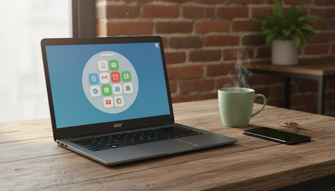 DSLR photograph of a modern, dark grey Acer Chromebook on a rustic wooden desk, the screen displaying the ChromeOS app launcher with a grid of colorful UI icons. Next to the laptop are a light green ceramic mug, a black smartphone, and a set of keys. The scene is lit by soft, natural daylight from a window, creating a warm and inviting atmosphere. The background is softly blurred with a shallow depth of field, showing a brick wall and a green potted plant.