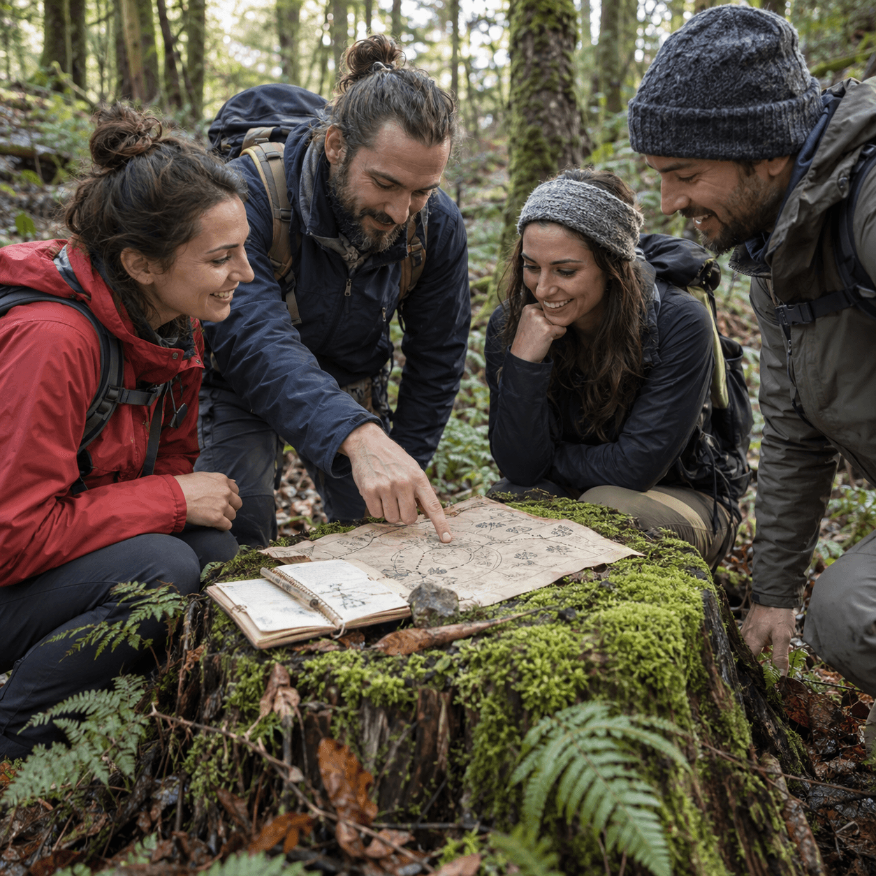 Équipe à la recherche d’un indice dans la forêt