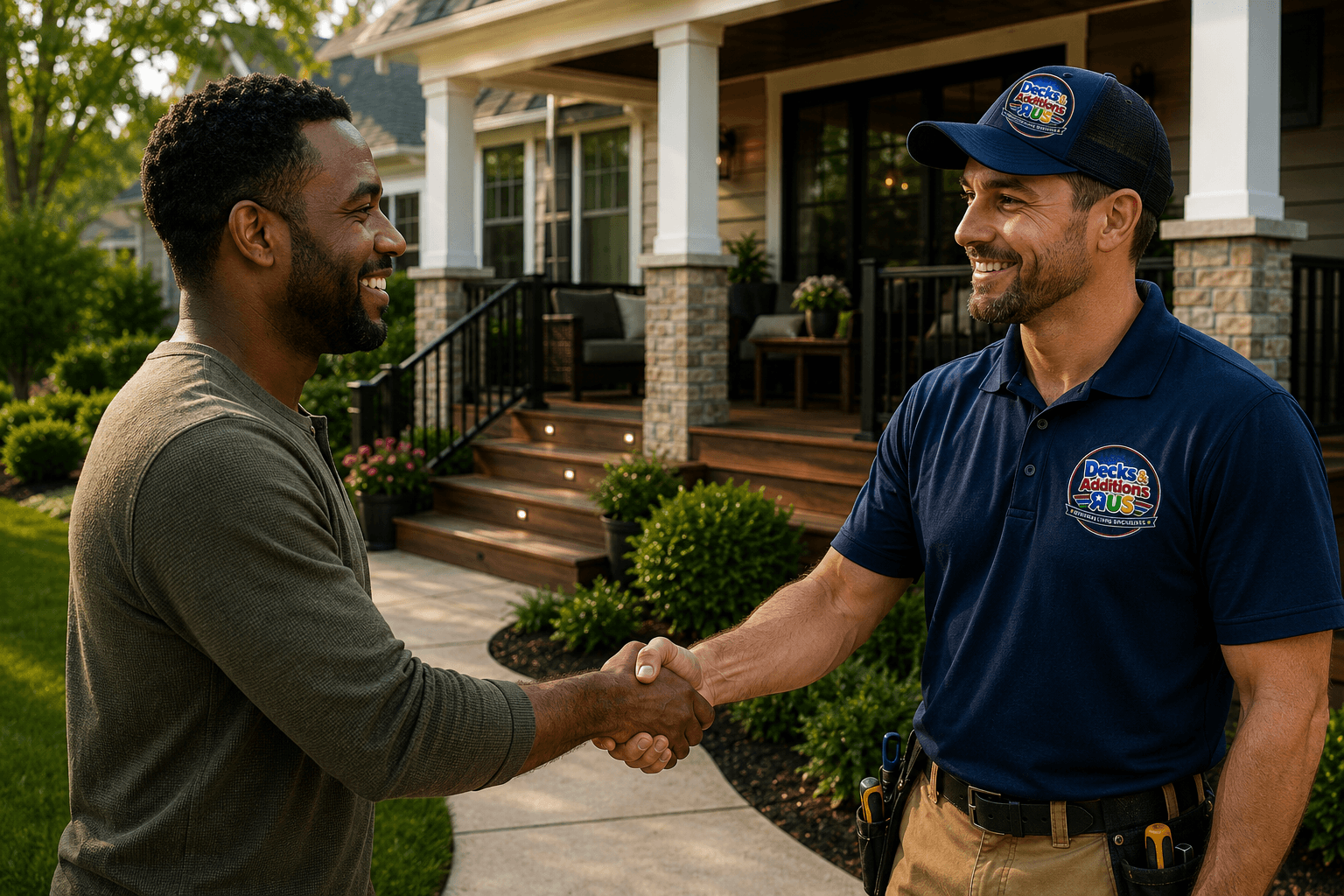 two men facing each other while shake hands and smiling