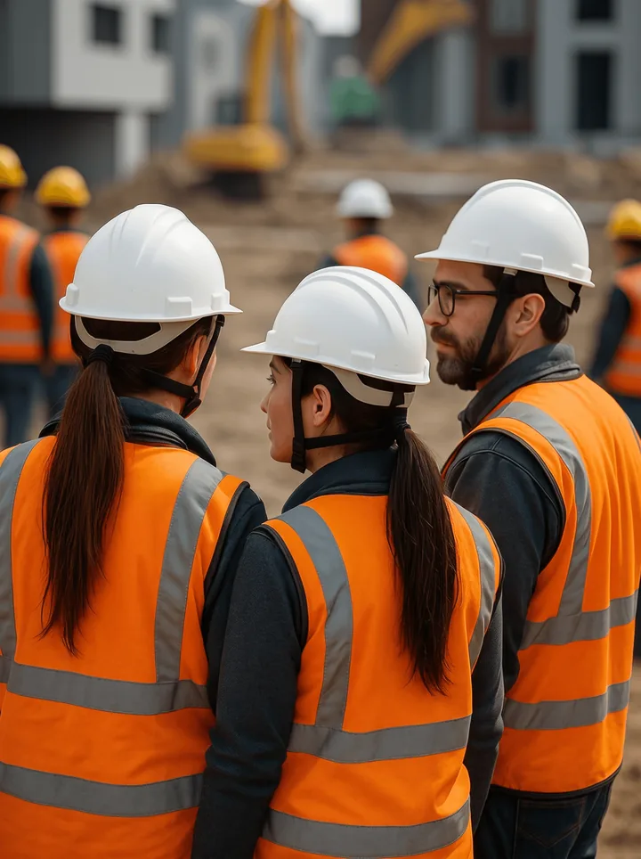 Trois professionnels en casque de chantier échangeant sur un site