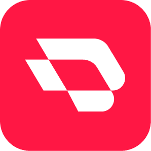 Digital icon featuring a bold red letter 'D' designed with geometric cuts, giving it a modern and dynamic appearance. The letter is centered on a white square background, symbolizing a digital app or brand logo. 