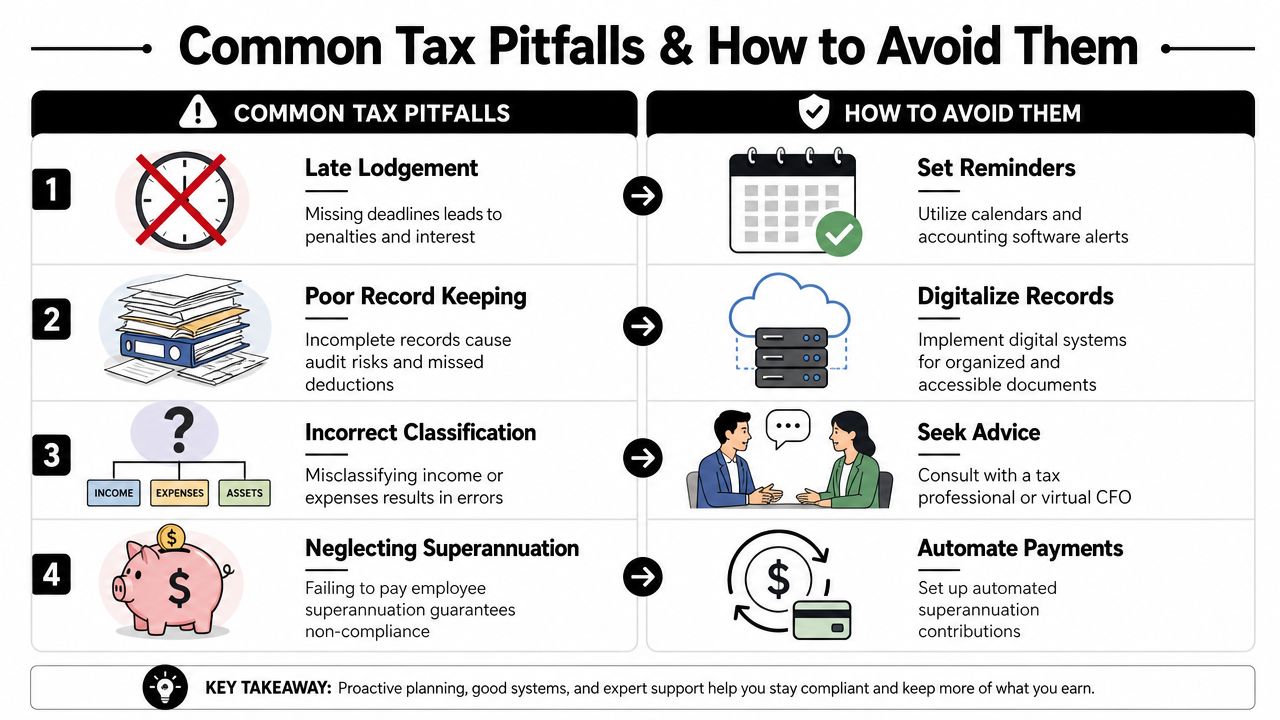 A four-point infographic highlighting common tax pitfalls for small businesses and practical ways to avoid them.
