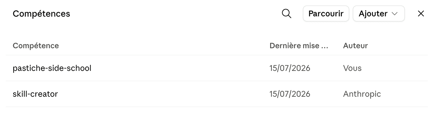 Liste des compétences actives