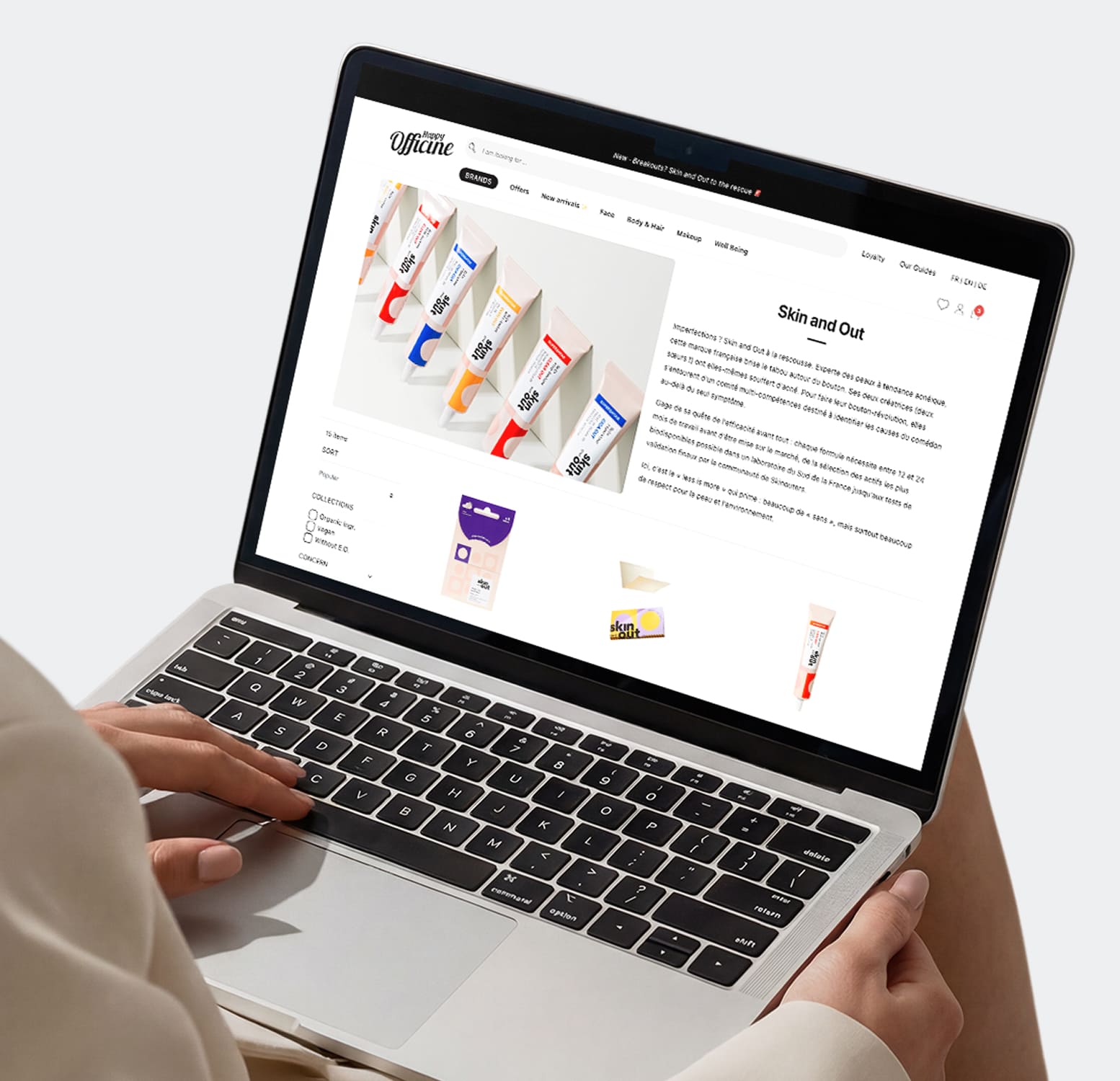 Mobile e-commerce experience for Happy Officine showing product listing and browsing interface on smartphone