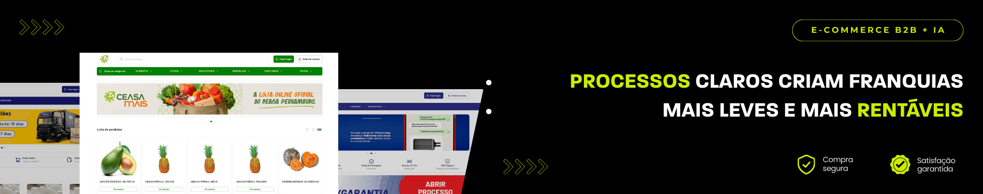 Banner horizontal com fundo escuro, ícones de segurança e satisfação, e imagens de lojas B2B exibidas à esquerda. Elementos gráficos em verde destacam o tema de e-commerce B2B com IA.