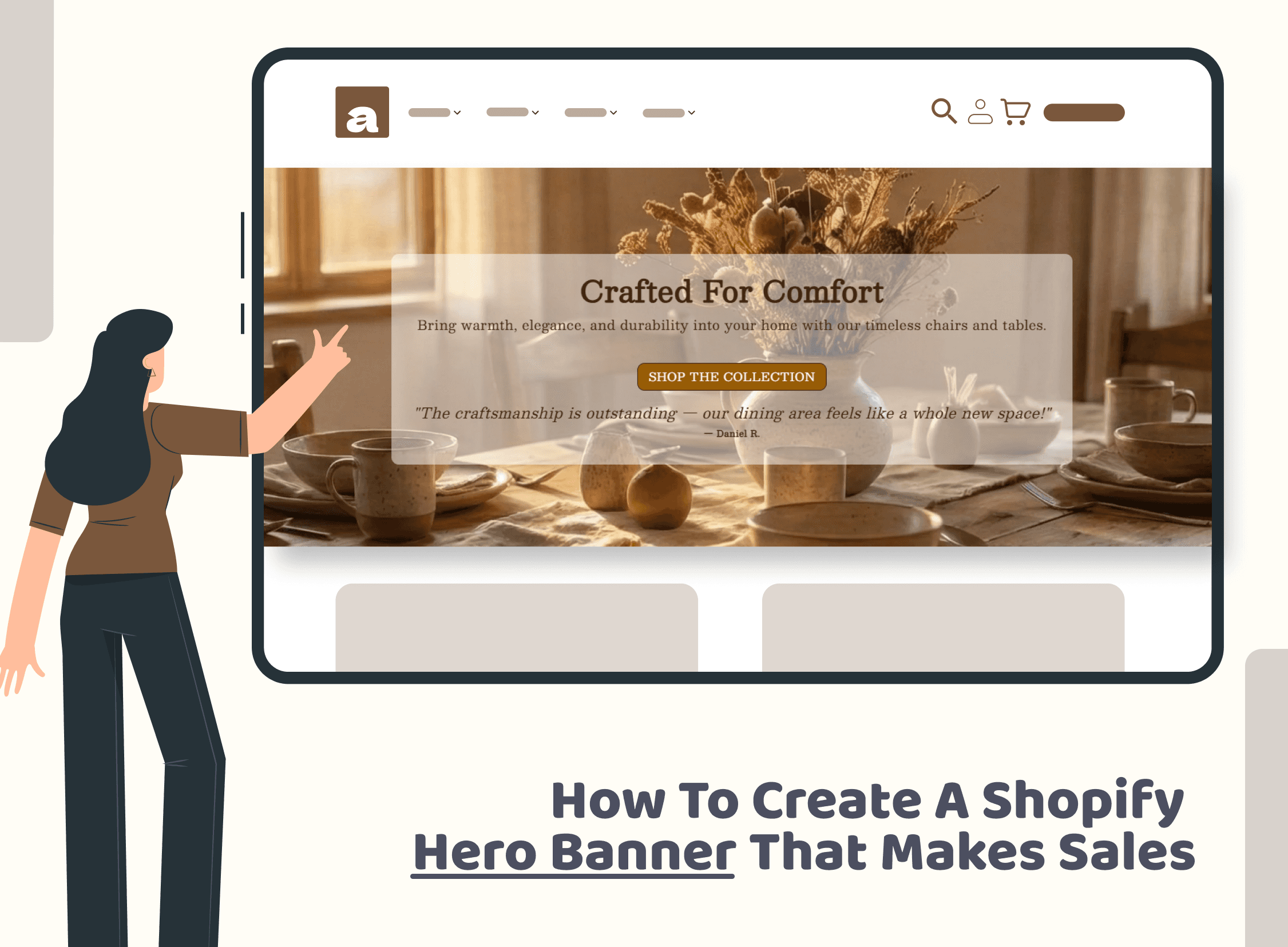 Shopify hero banner example with furniture products and call-to-action for sales.