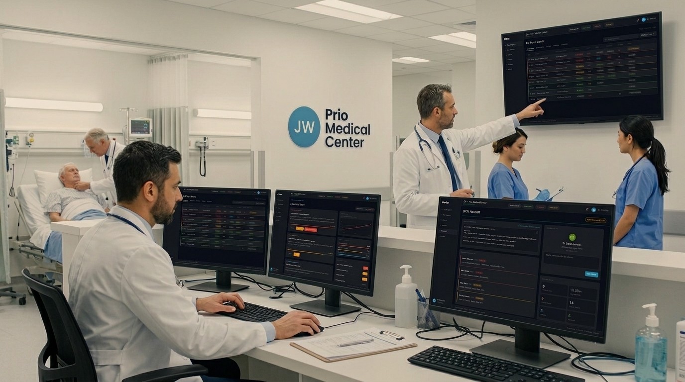 Prio dashboards on several monitors in an emergency department, with a physician pointing at a wall-mounted track board